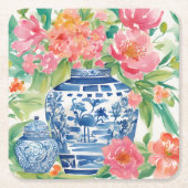 Waterverf Chinoiserie Ginger Jar of Flowers Kartonnen Onderzetters (Voorkant)