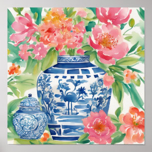 Waterverf Chinoiserie Ginger Jar of Flowers Poster
