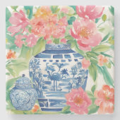 Waterverf Chinoiserie Ginger Jar of Flowers Stenen Onderzetter (Voorkant)