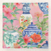 Waterverf Chinoiserie Ginger Jars & Flowers Glazen Onderzetter (Voorkant)