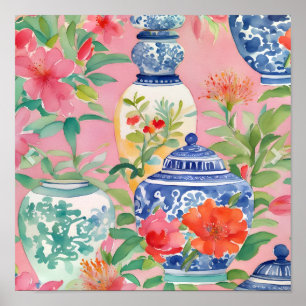 Waterverf Chinoiserie Ginger Jars & Flowers Poster