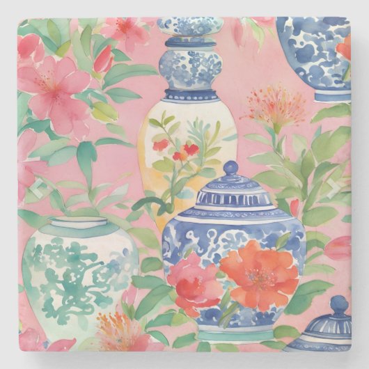 Waterverf Chinoiserie Ginger Jars & Flowers Stenen Onderzetter (Voorkant)
