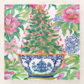 Waterverf Chinoiserie Kerstboom Glazen Onderzetter (Voorkant)