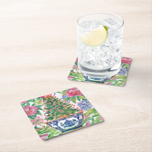 Waterverf Chinoiserie Kerstboom Kartonnen Onderzetters (Insitu)