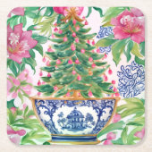 Waterverf Chinoiserie Kerstboom Kartonnen Onderzetters (Voorkant)