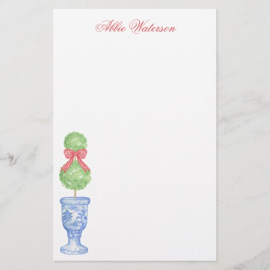 Waterverf Chinoiserie Kerststrik Topiary Briefpapier (Voorkant)