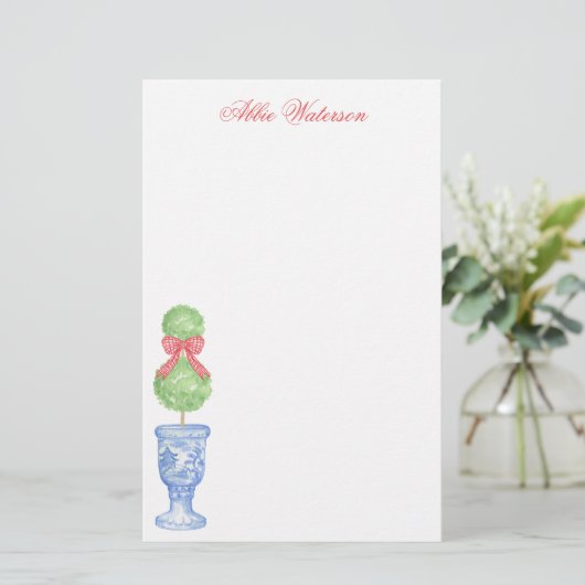 Waterverf Chinoiserie Kerststrik Topiary Briefpapier (Staand voorkant)