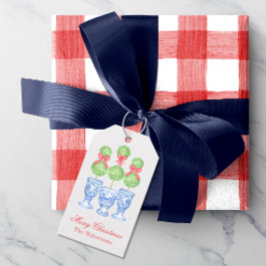 Waterverf Chinoiserie Kerststrik Topiary Cadeaulabel