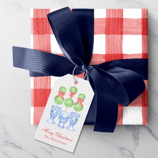 Waterverf Chinoiserie Kerststrik Topiary Cadeaulabel