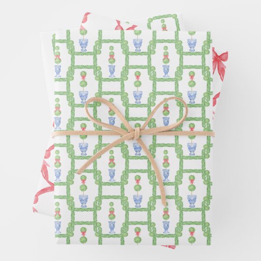 Waterverf Chinoiserie Kerststrik Topiary Gift Inpakpapier Vel (In situ)