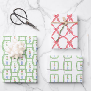 Waterverf Chinoiserie Kerststrik Topiary Gift Inpakpapier Vel