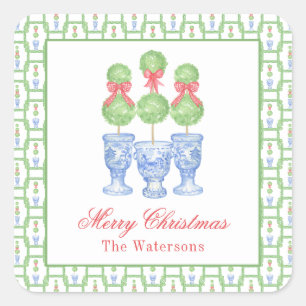 Waterverf Chinoiserie Kerststrik Topiary Gift Vierkante Sticker