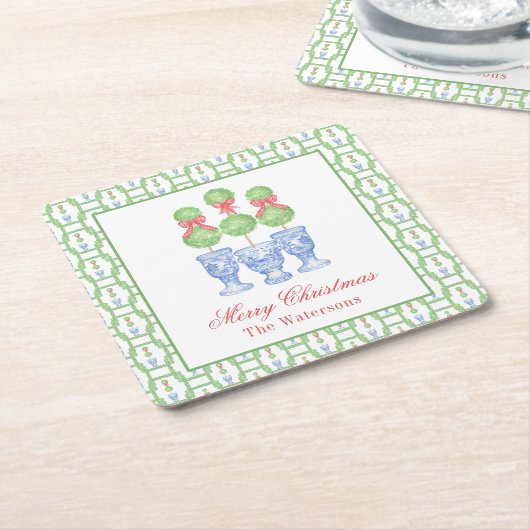 Waterverf Chinoiserie Kerststrik Topiary Kartonnen Onderzetters (Schuin)