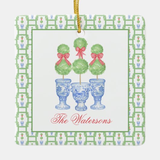 Waterverf Chinoiserie Kerststrik Topiary Keramisch Ornament (Voorkant)