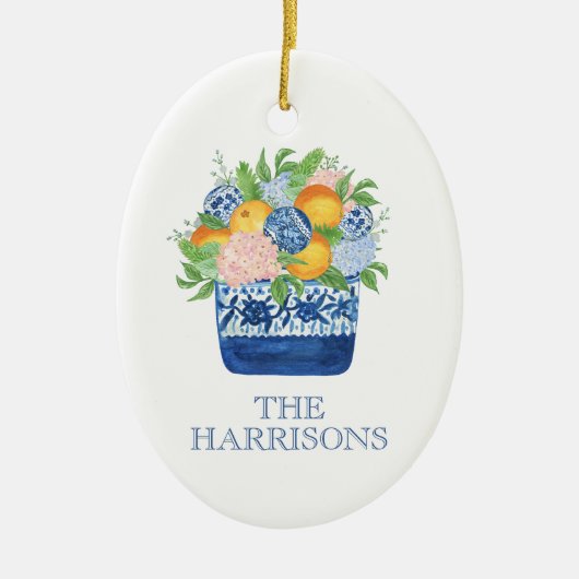 Waterverf Chinoiserie Mandarijnen en hortensia's Keramisch Ornament (Voorkant)