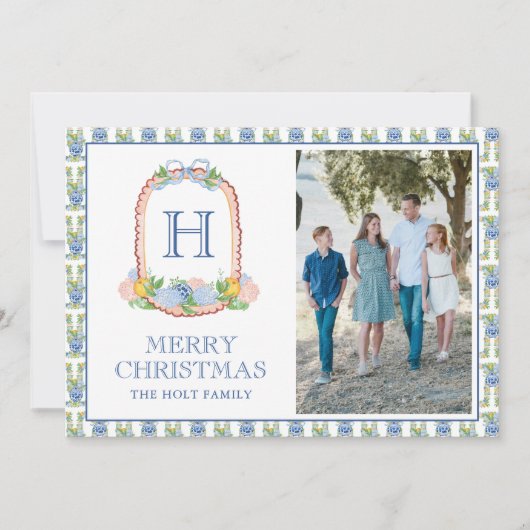 Waterverf Chinoiserie Mandarins Monogram Crest Feestdagenkaart (Voorkant)