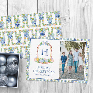 Waterverf Chinoiserie Mandarins Monogram Crest Feestdagenkaart