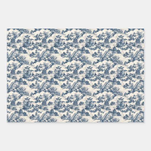 Waterverf chinoiserie marineblauw kasteel inpakpapier vel (Voorkant 2)
