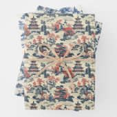 Waterverf chinoiserie marineblauw kasteel inpakpapier vel (In situ)