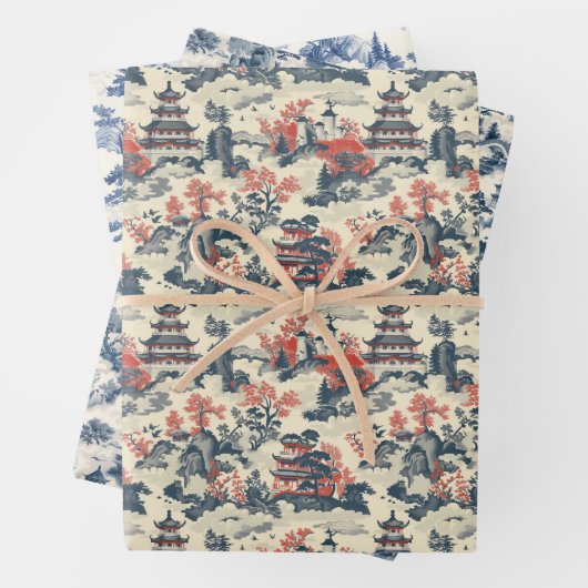 Waterverf chinoiserie marineblauw kasteel inpakpapier vel (In situ)