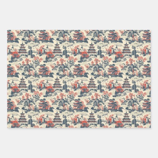 Waterverf chinoiserie marineblauw kasteel inpakpapier vel (Voorkant)