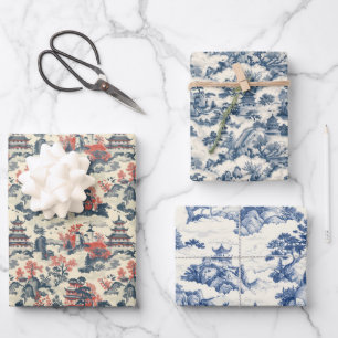 Waterverf chinoiserie marineblauw kasteel inpakpapier vel