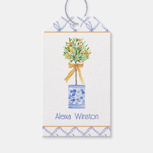 Waterverf Chinoiserie Oranje boom bovenaan Cadeaulabel (Voorkant)