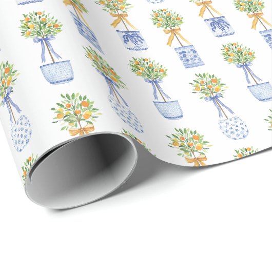 Waterverf Chinoiserie Oranje boom bovenaan Cadeaupapier (Rol Hoek)