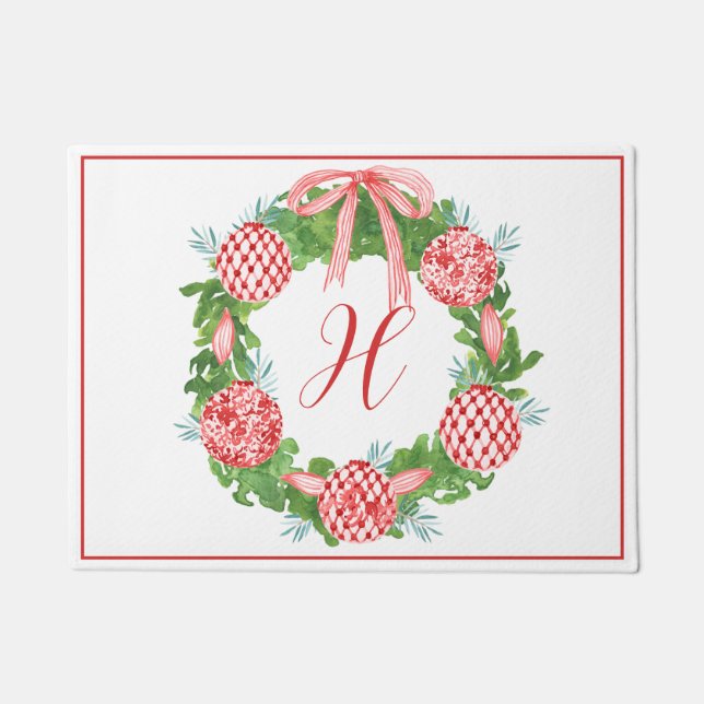 Waterverf Chinoiserie Ornament Krans Monogram Deurmat (Voorkant)