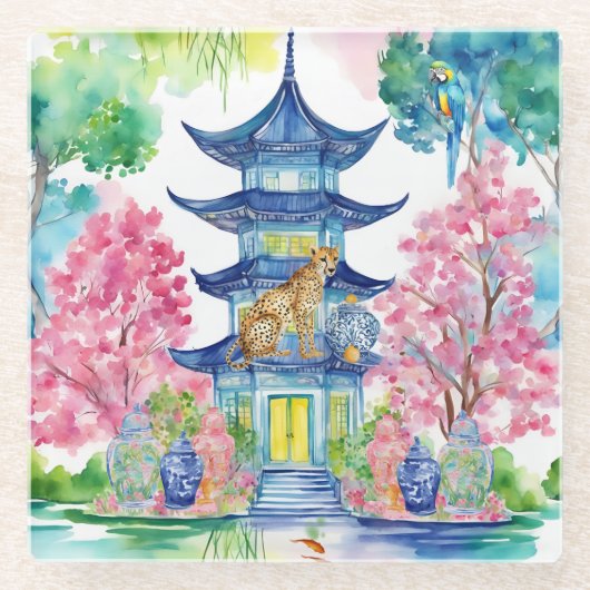 Waterverf Chinoiserie Pagoda Cheetah Ginger Jar Glazen Onderzetter (Voorkant)