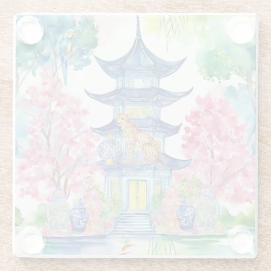 Waterverf Chinoiserie Pagoda Cheetah Ginger Jar Glazen Onderzetter (Achterkant)