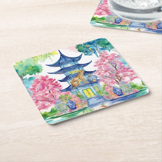 Waterverf Chinoiserie Pagoda Cheetah Ginger Jar Kartonnen Onderzetters (Schuin)