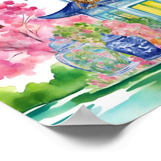 Waterverf Chinoiserie Pagoda Cheetah Ginger Jar Poster (Hoek)