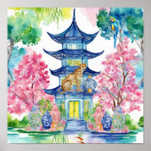 Waterverf Chinoiserie Pagoda Cheetah Ginger Jar Poster (Voorkant)