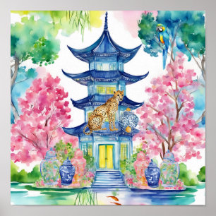 Waterverf Chinoiserie Pagoda Cheetah Ginger Jar Poster