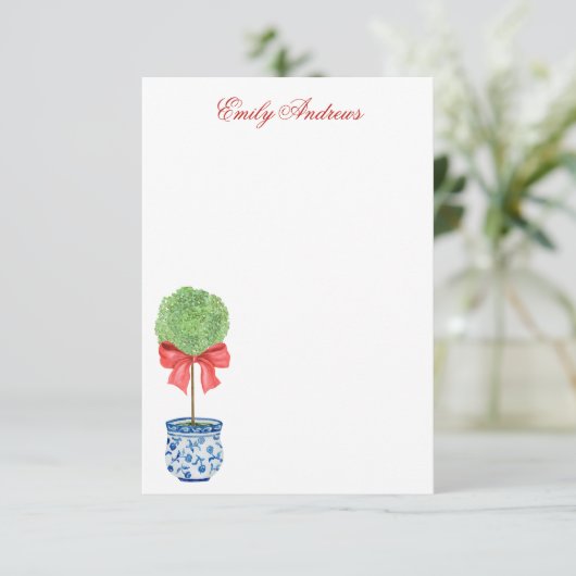 Waterverf Chinoiserie Red Bow Topiary Bedankkaart (Staand voorkant)