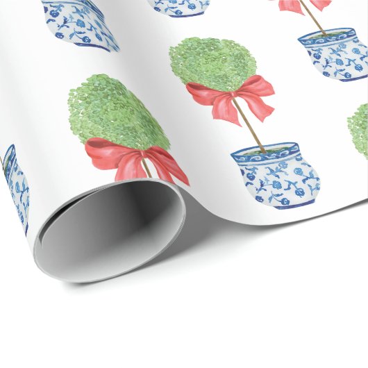 Waterverf Chinoiserie Red Bow Topiary Cadeaupapier (Rol Hoek)