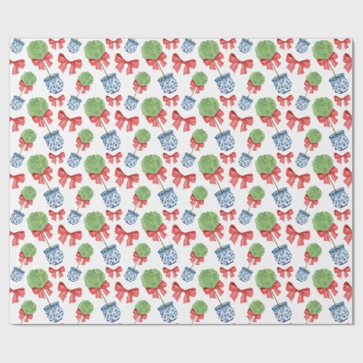 Waterverf Chinoiserie Red Bow Topiary Cadeaupapier (Vlak)