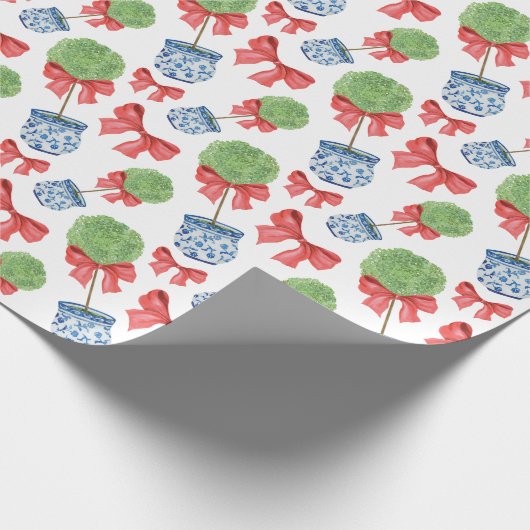 Waterverf Chinoiserie Red Bow Topiary Cadeaupapier (Hoek)