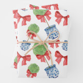 Waterverf Chinoiserie Red Bow Topiary Inpakpapier Vel (In situ)