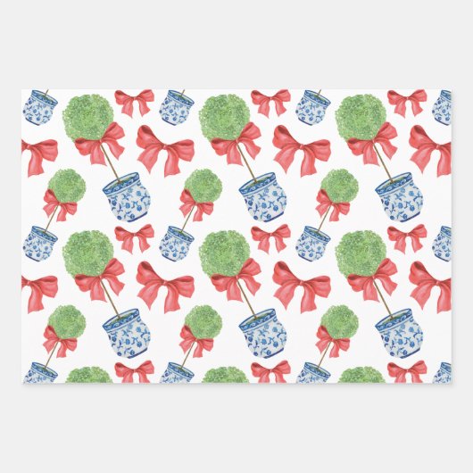 Waterverf Chinoiserie Red Bow Topiary Inpakpapier Vel (Voorkant)