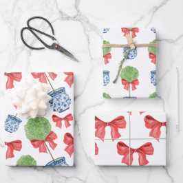Waterverf Chinoiserie Red Bow Topiary Inpakpapier Vel