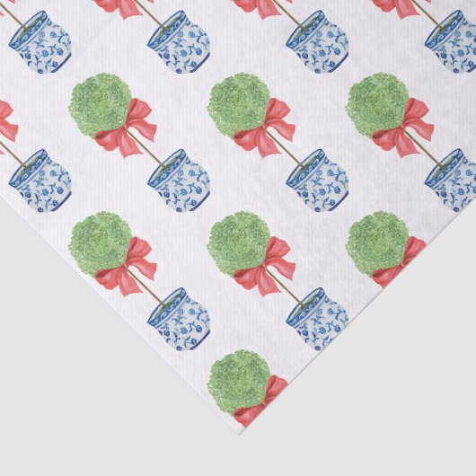 Waterverf Chinoiserie Red Bow Topiary Tissuepapier (Detail)