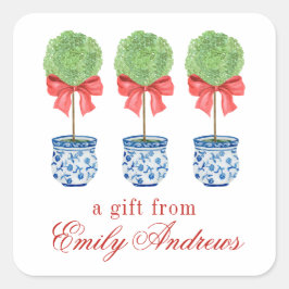 Waterverf Chinoiserie Red Bow Topiary Vierkante Sticker