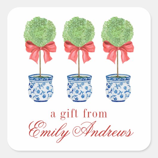 Waterverf Chinoiserie Red Bow Topiary Vierkante Sticker (Voorkant)