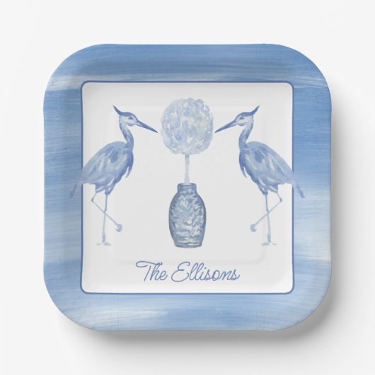 Waterverf Chinoiserie Topiary Blue Heron Papieren Bordje (Voorkant)