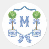 Waterverf Chinoiserie Topiary Monogram Crest Ronde Sticker (Voorkant)