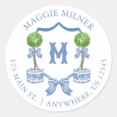 Waterverf Chinoiserie Topiary Monogram Crest Ronde Sticker (Voorkant)