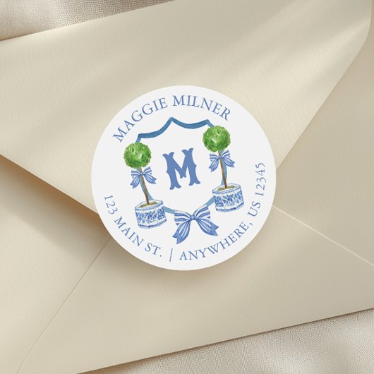 Waterverf Chinoiserie Topiary Monogram Crest Ronde Sticker