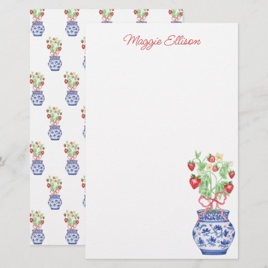 Waterverf Chinoiserie vaas van rode aardbeien Briefpapier (Voorkant / Achterkant)
